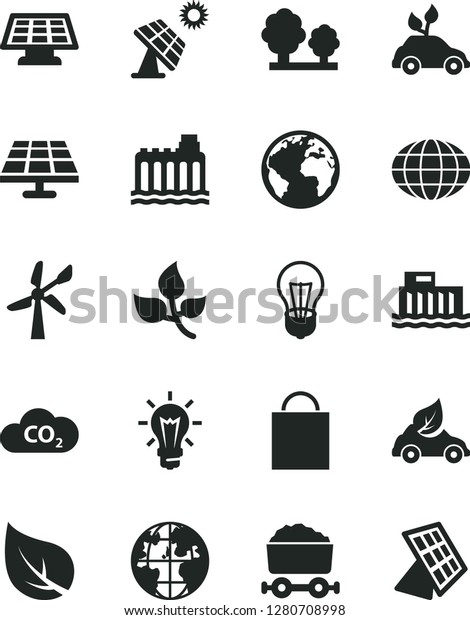 Solid Black Vector Icon Set - sign of the planet\
vector, paper bag, solar panel, big, leaves, leaf, wind energy,\
bulb, hydroelectric station, hydroelectricity, trees, eco car, CO2,\
trolley with coal