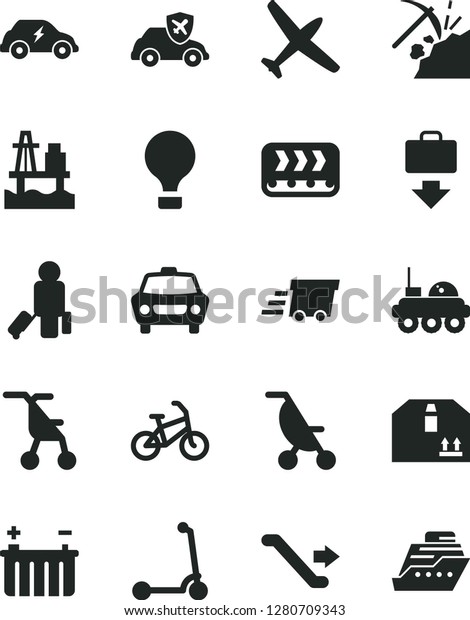 Solid Black Vector Icon Set - summer stroller\
vector, sitting, child Kick scooter, car, cardboard box, sea port,\
coal mining, battery, conveyor, electric transport, autopilot,\
urgent cargo, plane