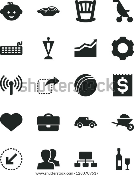Solid Black Vector Icon Set - heart symbol\
vector, women, cradle, summer stroller, bath ball, children\'s\
hairdo, garden trolley, left bottom arrow, move right, slices of\
onion, retro car,\
portfolio