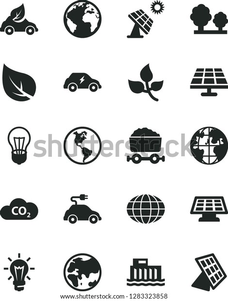 Solid Black Vector Icon Set - sign of the planet\
vector, solar panel, big, leaves, leaf, Earth, bulb, hydroelectric\
station, trees, eco car, electric, transport, CO2, trolley with\
coal, globe, sun