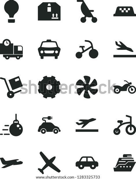 Solid Black Vector Icon Set - truck lorry vector,
summer stroller, motor vehicle, child bicycle, tricycle, big core,
car, delivery, cardboard box, shipment, marine propeller, electric,
plane, taxi