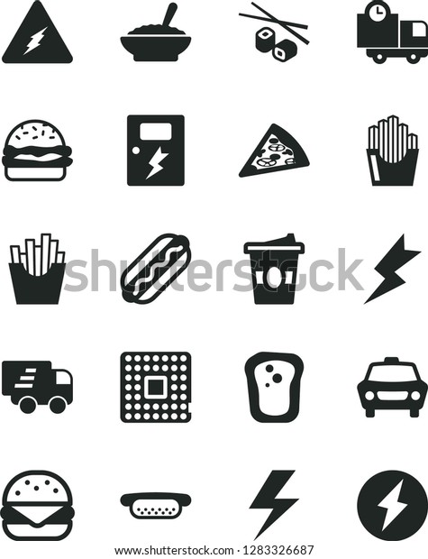 Solid Black Vector Icon Set - lightning\
vector, dangers, car, delivery, piece of pizza, Hot Dog, mini, big\
burger, a bowl buckwheat porridge, French fries, fried potato\
slices, Chinese\
chopsticks