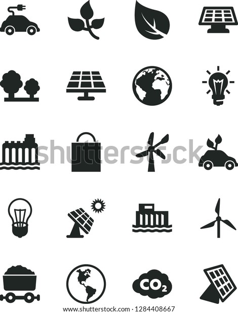 Solid Black Vector Icon Set - sign of the planet\
vector, paper bag, solar panel, big, leaves, leaf, windmill, wind\
energy, Earth, bulb, hydroelectric station, hydroelectricity,\
trees, electric car