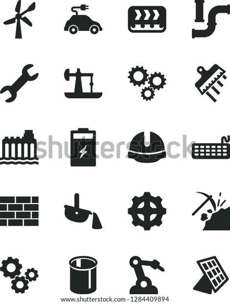 Solid Black Vector Icon Set - brickwork vector,\
construction helmet, spatula, charging battery, oil derrick, coal\
mining, wind energy, water pipes, hydroelectricity, gear, conveyor,\
electric car