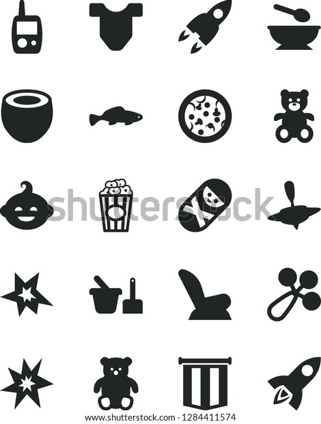 Solid Black Vector Icon Set - Child T shirt\
vector, baby rattle, car seat, tumbler, toy mobile phone, sand set,\
deep plate with a spoon, teddy bear, small, funny hairdo, yule,\
pizza, cup of popcorn
