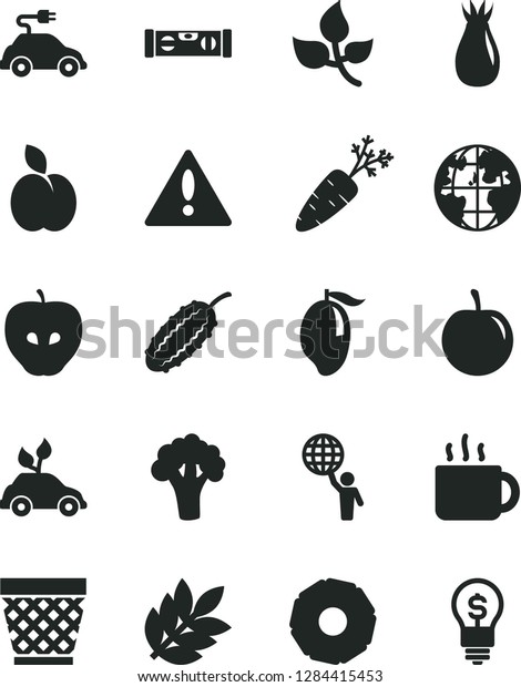 Solid Black Vector Icon Set - warning vector,\
wicker pot, building level, cup of tea, apple, tasty, rose hip,\
mango, plum, slice pineapple, carrot, broccoli, cucumber, leaves,\
electric car, planet