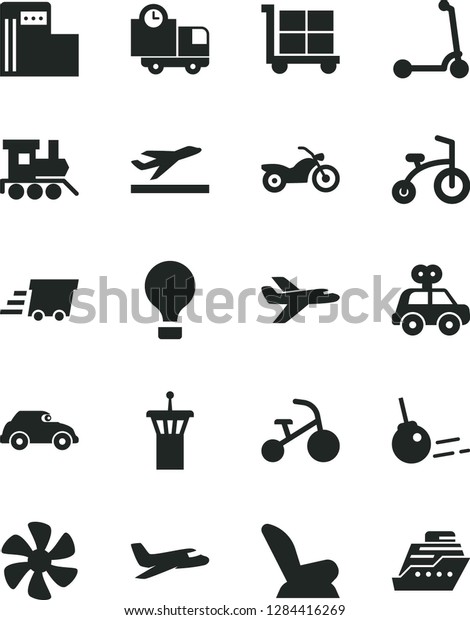Solid Black Vector Icon Set - cargo trolley\
vector, car child seat, motor vehicle present, baby toy train,\
bicycle, tricycle, Kick scooter, core, delivery, marine propeller,\
modern gas station