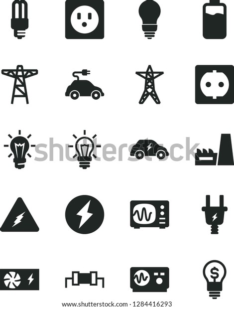 Solid Black Vector Icon Set - bulb vector, charge\
level, power line, pole, electric plug, socket, thermal plant,\
mercury light, car, transport, pc supply, electricity,\
oscilloscope, resistor,\
idea