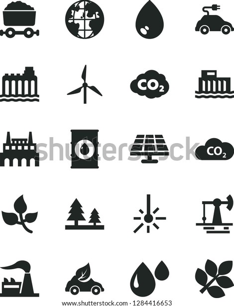 Solid Black Vector Icon Set - drop vector, solar\
panel, working oil derrick, leaves, windmill, factory,\
hydroelectric station, hydroelectricity, forest, industrial, eco\
car, electric, CO2,\
planet