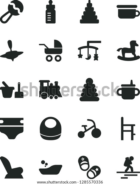 Solid Black Vector Icon Set - toys over the cradle\
vector, mug for feeding, bottle, diaper, baby bib, beanbag, car\
child seat, carriage, children\'s bathroom, stacking rings, toy,\
sand set, potty