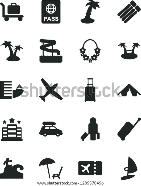 Solid Black Vector Icon Set - passport vector,
plane, car baggage, passenger, rolling suitcase, ticket, case,
hotel, tent, arnchair under umbrella, palm tree, hawaii wreath,
aquapark, surfing