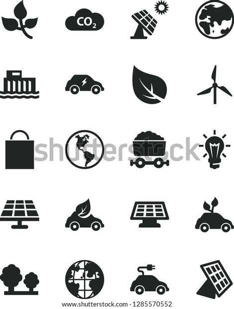 Solid Black Vector Icon Set - paper bag vector, solar\
panel, big, leaves, leaf, windmill, planet, Earth, hydroelectric\
station, trees, eco car, environmentally friendly transport,\
electric, CO2, sun