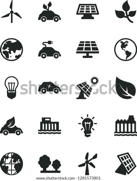 Solid\
Black Vector Icon Set - solar panel vector, big, leaves, leaf,\
windmill, wind energy, planet, Earth, bulb, hydroelectric station,\
hydroelectricity, trees, eco car, electric,\
sun
