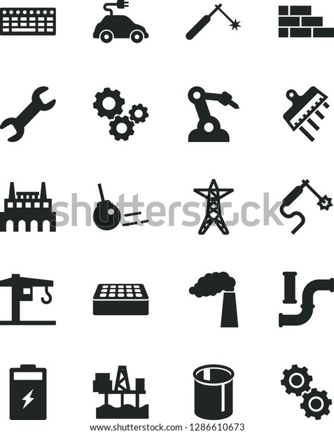 Solid Black Vector Icon Set - crane vector, brick
wall, spatula, core, commercial seaport, charging battery, water
pipes, manufacture, power line, industrial factory, electric car,
welding, gas