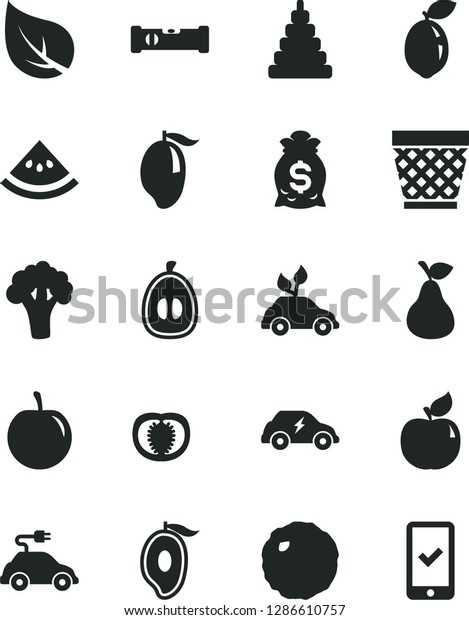 Solid Black Vector Icon Set - wicker pot vector,\
stacking toy, construction level, cabbage, pear, apricot, mango,\
half of, loquat, tasty plum, sour lime, slice water melon, tomato,\
broccoli, leaf