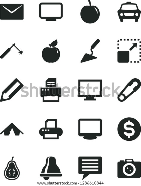 Solid Black Vector Icon Set - bell vector, image\
of thought, monitor, safety pin, building trowel, envelope, car,\
expand picture, apricot, tasty plum, part guava, welding, pencil,\
dollar, printer