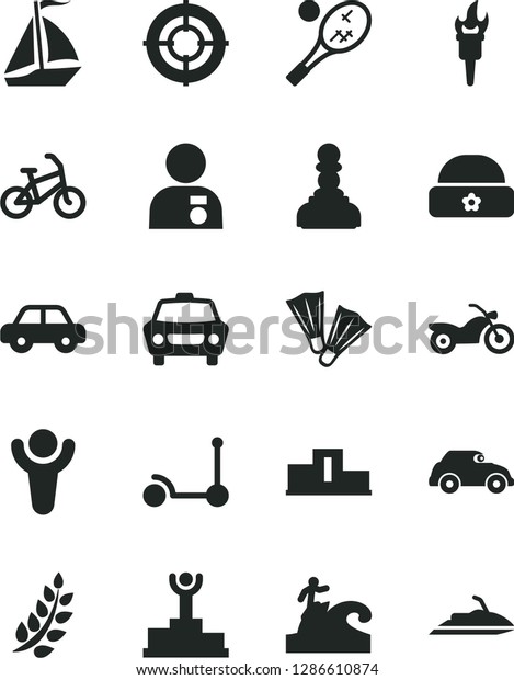 Solid Black Vector Icon Set - motor vehicle\
vector, Kick scooter, warm hat, car, retro, flame torch, winner,\
laurel branch, pedestal, podium, pawn, man with medal, aim, sail\
boat, bike, motorcycle