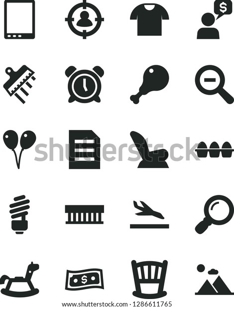 Solid Black Vector Icon Set - alarm clock vector, zoom\
out, cradle, car child seat, rocking horse, colored air balloons,\
saving light bulb, spatula, T shirt, bundle of eggs, chicken leg,\
tablet pc