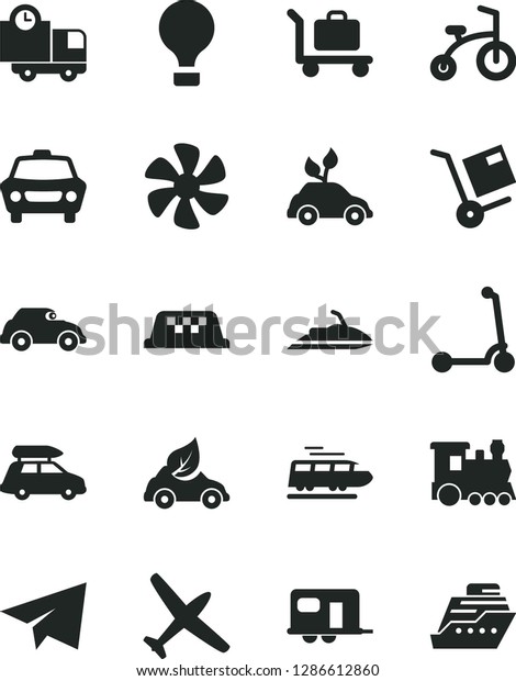 Solid Black Vector Icon Set - paper airplane\
vector, child bicycle, Kick scooter, car, delivery, shipment,\
marine propeller, eco, environmentally friendly transport, retro,\
plane, train, baggage