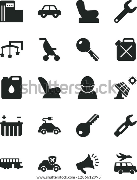 Solid Black Vector Icon Set - toys over the cot\
vector, Baby chair, car child seat, summer stroller, motor vehicle,\
key, big solar panel, modern gas station, battery, racer, canister,\
of oil, repair