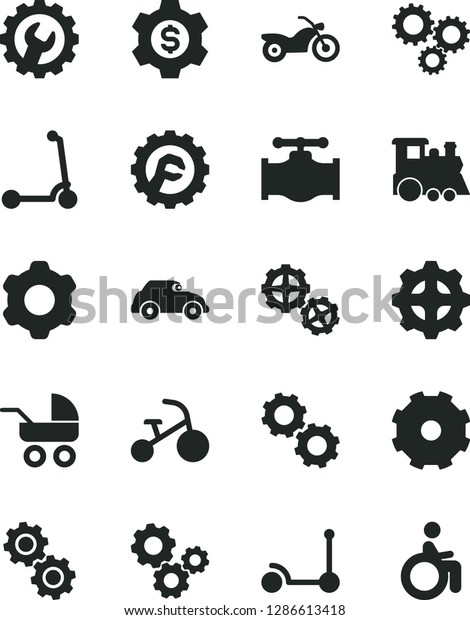 Solid Black Vector Icon Set - truck lorry\
vector, baby carriage, children\'s train, tricycle, Kick scooter,\
child, gears, cogwheel, gear, star, valve, retro car, three,\
dollar, motorcycle,\
disabled