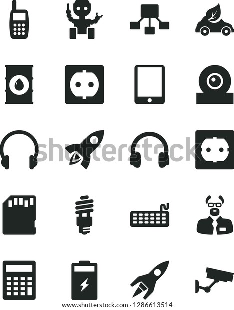 Solid Black Vector Icon Set - calculator vector,\
power socket type f, headphones, charging battery, oil, energy\
saving bulb, eco car, hierarchical scheme, mobile phone, tablet pc,\
keyboard, sd card