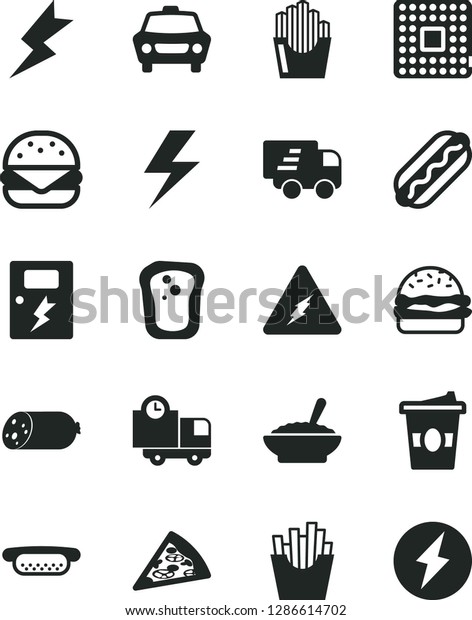 Solid Black Vector Icon Set - lightning vector,\
dangers, car, delivery, sausage, piece of pizza, Hot Dog, mini, big\
burger, a bowl buckwheat porridge, French fries, fried potato\
slices, coffe to go
