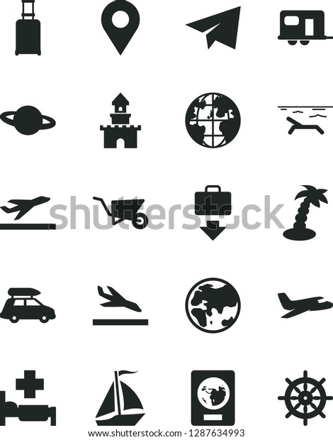 Solid Black Vector Icon Set - paper airplane\
vector, building trolley, planet, location, sand castle, plane, car\
baggage, camper, sail boat, rolling suitcase, passport, getting,\
departure, arrival