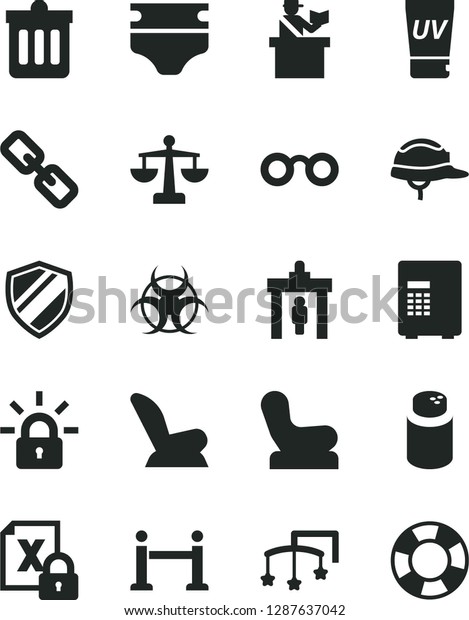 Solid Black Vector Icon Set - spectacles vector,\
scales, toys over the cot, diaper, powder, Baby chair, car child\
seat, helmet, dust bin, encrypting, glasses, biohazard, rope\
barrier, security gate