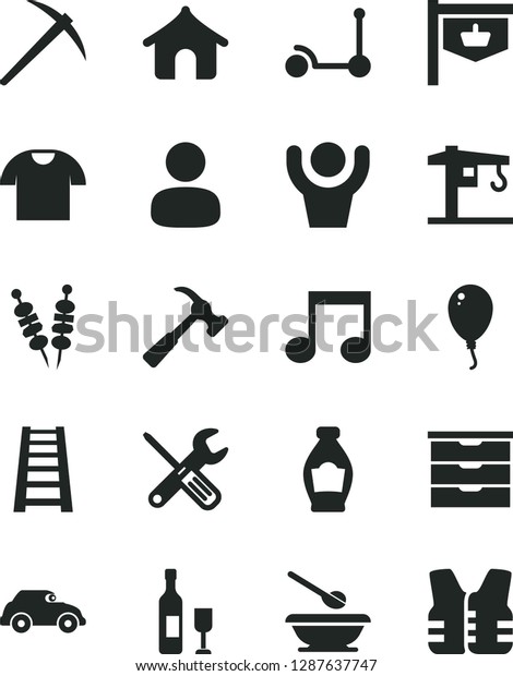 Solid Black Vector Icon Set - storage unit vector,\
plates and spoons, balloon, Kick scooter, crane, small tools,\
stepladder, hammer with claw, T shirt, fried vegetables on sticks,\
bottle, retro car