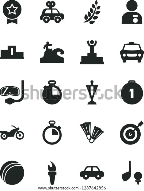 Solid Black Vector Icon Set - stopwatch vector, bath\
ball, motor vehicle, present, timer, car, flame torch, laurel\
branch, pedestal, winner podium, man with medal, pennant, target,\
first place, star