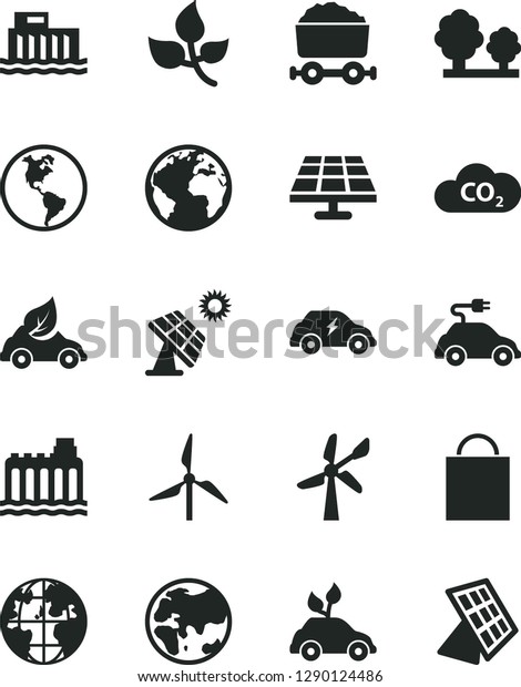 Solid Black Vector Icon Set - sign of the planet\
vector, paper bag, solar panel, big, leaves, windmill, wind energy,\
Earth, hydroelectric station, hydroelectricity, trees, eco car,\
electric, CO2