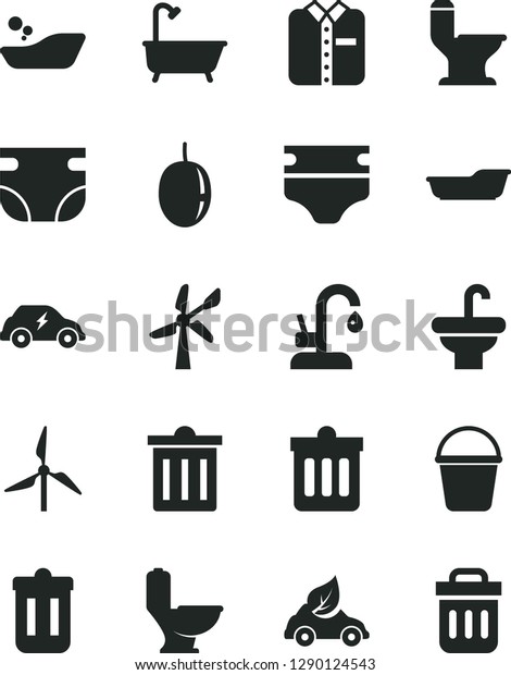 Solid Black Vector Icon Set - bin vector, diaper,\
nappy, children\'s bathroom, bath, bucket, washbasin, toilet,\
comfortable, kitchen faucet, dust, folded shirt, passion fruit,\
windmill, wind energy