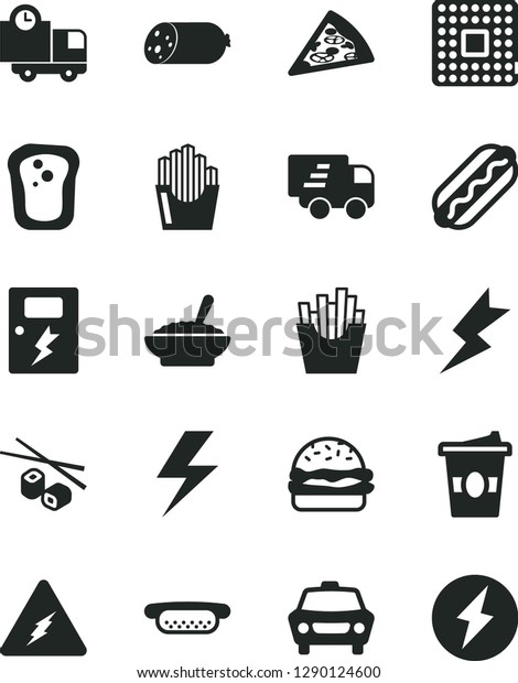 Solid Black Vector Icon Set - lightning vector,\
dangers, car, delivery, sausage, piece of pizza, Hot Dog, mini,\
burger, a bowl buckwheat porridge, French fries, fried potato\
slices, coffe to go