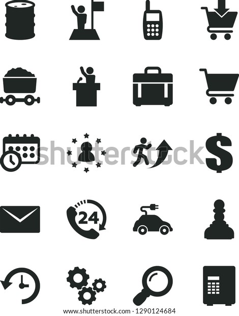 Solid Black Vector Icon Set - dollar vector, envelope,\
case, cart, put in, 24, barrel, electric car, trolley with coal,\
gears, mobile phone, magnifier, history, schedule clock, pawn, man\
arrow up