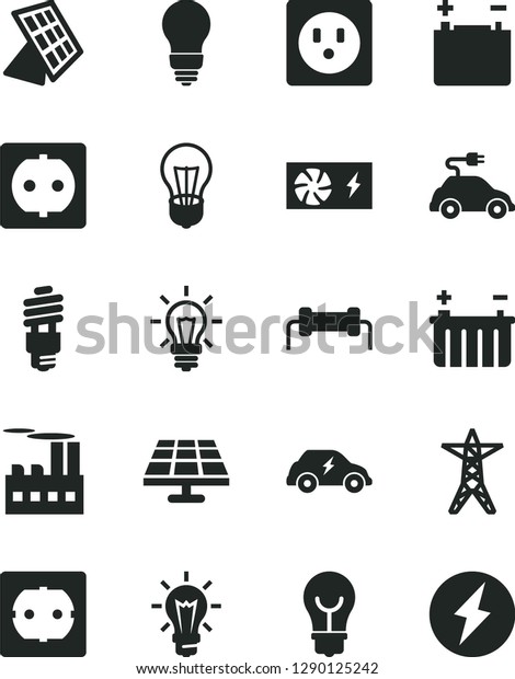 Solid Black Vector Icon Set - bulb vector, power
socket type f, solar panel, accumulator, battery, line, industrial
building, energy saving, electric car, transport, light, pc supply,
sun, resistor
