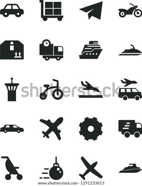 Solid Black Vector Icon Set - truck lorry vector,\
cargo trolley, paper airplane, summer stroller, motor vehicle,\
child bicycle, big core, delivery, cardboard box, Express,\
limousine, plane,\
arrival