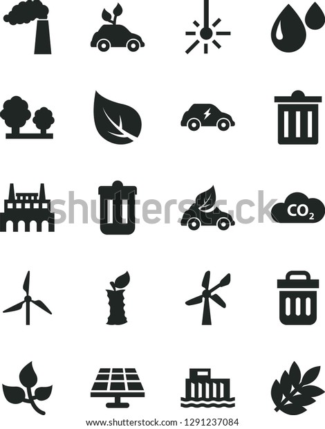 Solid Black Vector Icon Set - bin vector, apple stub,\
solar panel, leaves, leaf, windmill, wind energy, manufacture,\
hydroelectric station, trees, industrial factory, drop, eco car,\
electric, CO2