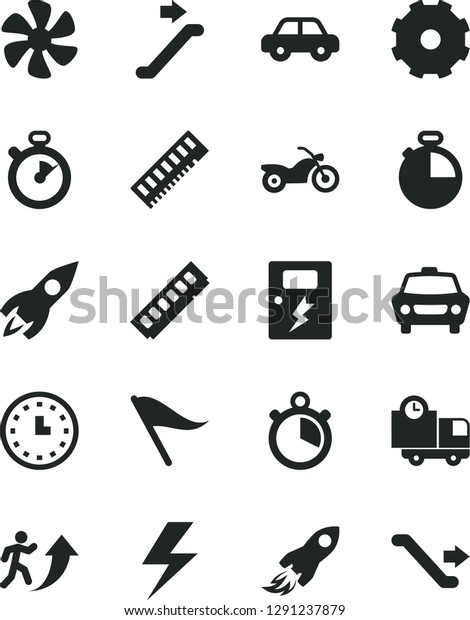 Solid Black Vector Icon Set - truck lorry\
vector, lightning, wind direction indicator, motor vehicle,\
dangers, timer, car, delivery, marine propeller, rocket, space,\
wall watch, memory,\
stopwatch