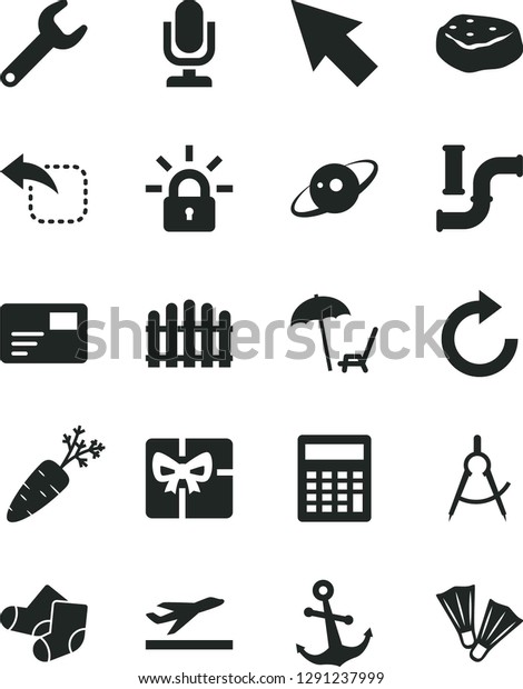 Solid Black Vector Icon Set - desktop microphone\
vector, clockwise, calculator, Knitted Socks, hedge, anchor, pass\
card, move left, piece of meat, carrot, water pipes, scribed\
compasses, repair key