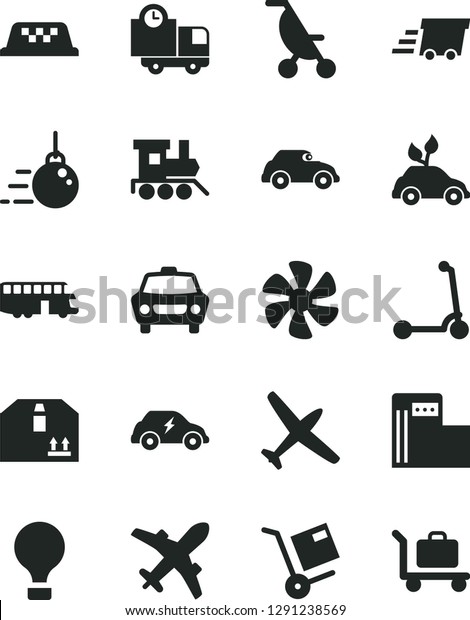 Solid Black Vector Icon Set - summer stroller vector,\
baby toy train, child Kick scooter, big core, car, delivery,\
cardboard box, shipment, marine propeller, modern gas station,\
electric, retro, bus