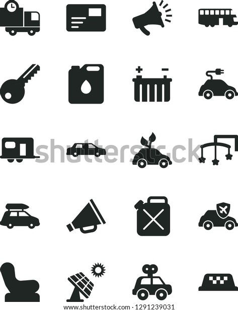 Solid Black Vector Icon Set - horn vector, toys
over the cot, Baby chair, motor vehicle present, key, pass card,
delivery, big solar panel, battery, canister, of oil, electric car,
autopilot, camper