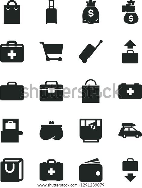 Solid Black Vector Icon Set - paper bag vector,\
first aid kit, of a paramedic, medical, portfolio, with handles,\
glass tea, cart, wallet, purse, dollars, money hand, car baggage,\
suitcase, rolling