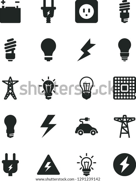 Solid Black\
Vector Icon Set - lightning vector, danger of electricity, matte\
light bulb, saving, power socket type b, accumulator, line, pole,\
plug, electric, energy, car,\
processor