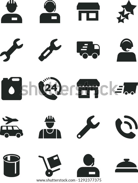 Solid Black Vector Icon Set - builder vector,\
workman, 24, phone call, operator, shipment, canister of oil,\
pipes, repair key, steel, kiosk, stall, dispatcher, urgent cargo,\
Express delivery