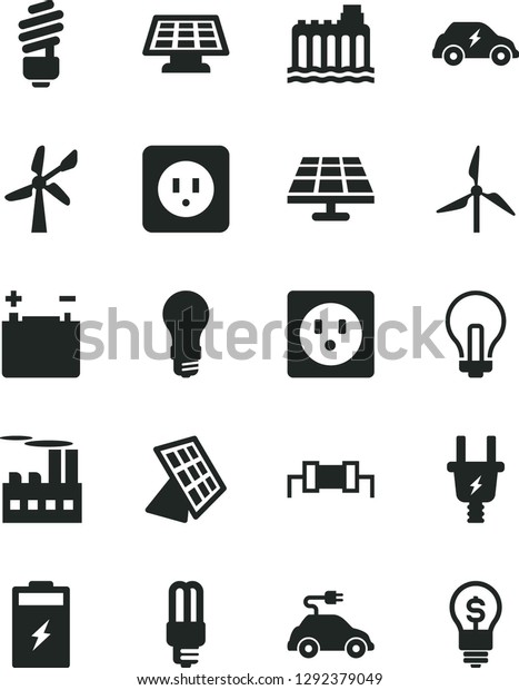 Solid Black Vector Icon Set - incandescent lamp\
vector, saving light bulb, power socket type b, charging battery,\
solar panel, windmill, wind energy, accumulator, hydroelectricity,\
electric plug
