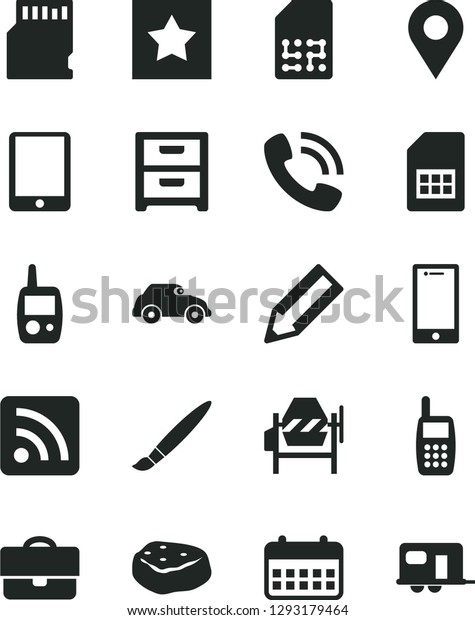 Solid Black Vector Icon Set - tassel vector, rss feed,\
toy mobile phone, concrete mixer, smartphone, nightstand, piece of\
meat, retro car, SIM card, location, portfolio, pencil, calendar,\
call, sd