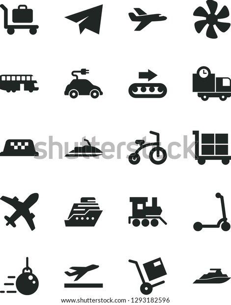 Solid Black Vector Icon Set - cargo trolley vector,\
paper airplane, baby toy train, child bicycle, Kick scooter, big\
core, delivery, shipment, marine propeller, production conveyor,\
electric car