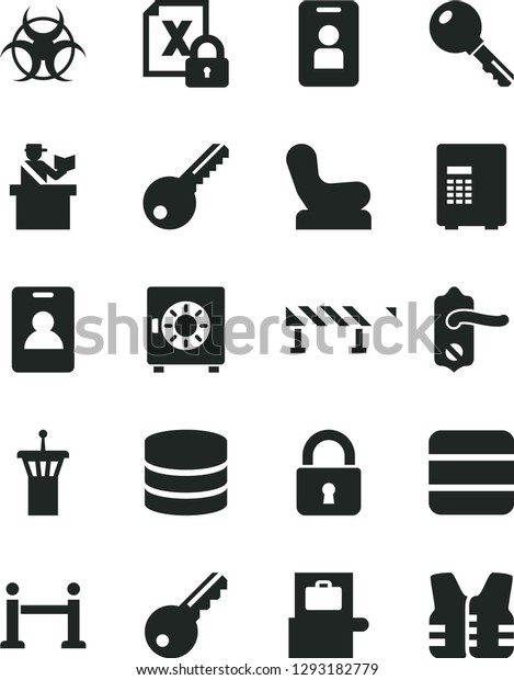 Solid Black Vector Icon Set - Baby chair vector,\
key, door knob, road fence, lock, strongbox, encrypting, big data,\
biohazard, airport tower, rope barrier, identity card, baggage\
scanner, access