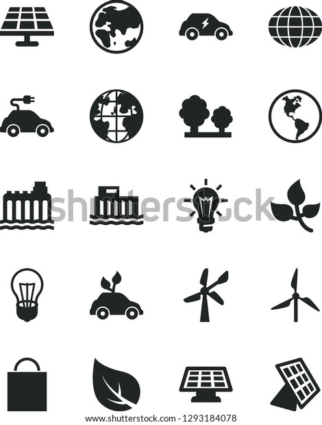 Solid Black Vector Icon Set - paper bag vector, solar\
panel, leaves, leaf, windmill, wind energy, planet, Earth, bulb,\
hydroelectric station, hydroelectricity, trees, electric car,\
globe, sun